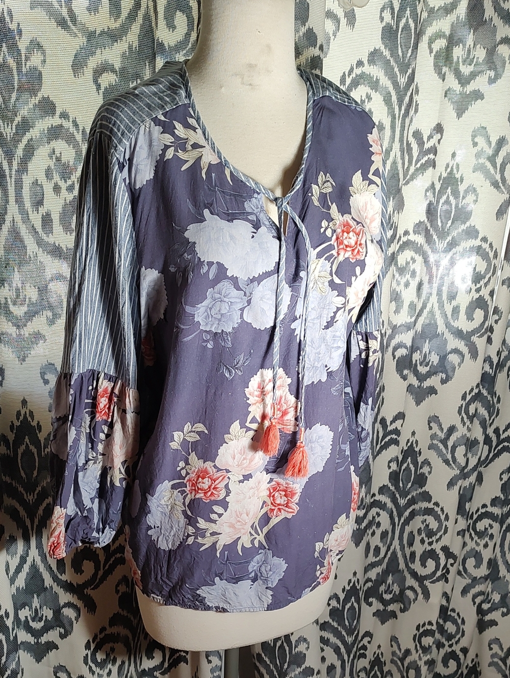 Floral Tie-Front Peasant Blouse - Purple